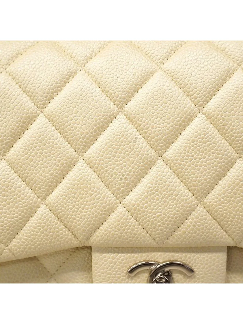 Chanel Shoulder Bag Maxi Quilted Caviar Leather Ivory Silver